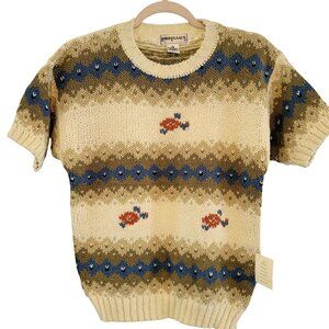 Vintage 80s Lord Isaacs Crew Neck Sweater M Beige Cottagecore Coastal Novelty